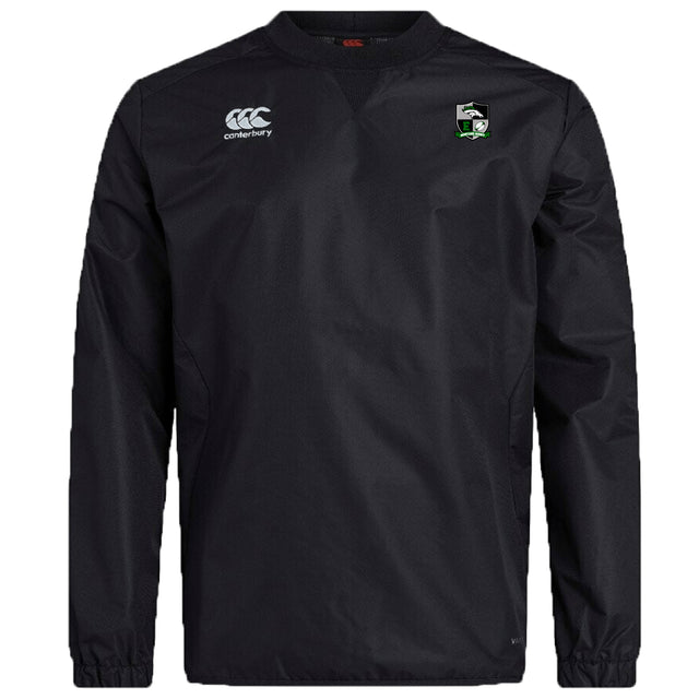 The Eagle High Mustangs Club Vaposhield Contact Top by EMB Canterbury is a black water-repellent rugby training top with long sleeves, crew neck, the Canterbury logo on the right chest, and a green-detailed crest on the left.