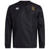 The Exiles Rugby Football Club Vaposhield Contact Top by EMB Canterbury is a black long-sleeve pullover with logos on the chest and features lightweight, water repellent Vaposhield technology—perfect as a rugby contact top.
