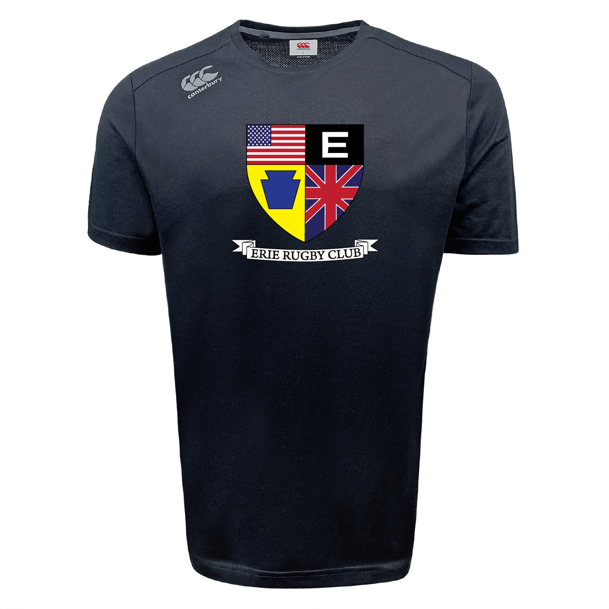 The Erie Rugby Club Tempo Vapodri T-Shirt by WRS Canterbury is a black athletic tee with the team logo and American, British, and Pennsylvania symbols. Moisture-wicking for comfort and style on or off the field.