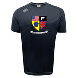The Erie Rugby Club Tempo Vapodri T-Shirt by WRS Canterbury is a black athletic tee with the team logo and American, British, and Pennsylvania symbols. Moisture-wicking for comfort and style on or off the field.