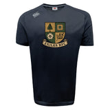 The Exiles Rugby Football Club Tempo Vapodri T-Shirt by WRS Canterbury is a black, short-sleeve athletic tee with the Exiles RFC crest and Canterbury logo, featuring moisture-wicking technology for top performance.