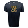 The Exiles Rugby Football Club Tempo Vapodri T-Shirt by WRS Canterbury is a black, short-sleeve athletic tee with the Exiles RFC crest and Canterbury logo, featuring moisture-wicking technology for top performance.