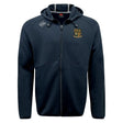 The Exiles Rugby Football Club Tempo Vapodri Full-Zip Hoodie by EMB Canterbury is a navy hoodie with hood and drawstrings, featuring a left chest crest and right shoulder logo. It offers comfort and moisture-wicking performance for daily wear.