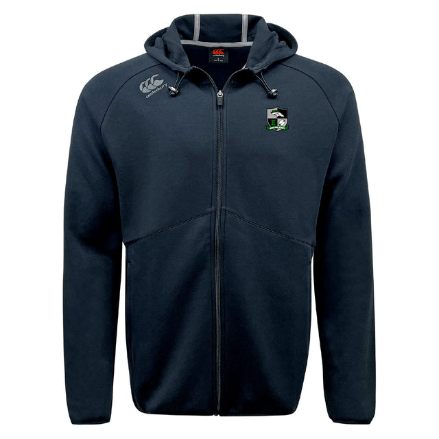 Navy blue Eagle High Mustangs Tempo Vapodri Full-Zip Hoodie by EMB Canterbury with hood, drawstrings, two embroidered chest logos, and CCC Vapodri moisture-wicking tech for all-day comfort.