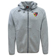 Stay comfortable in style with the Erie Rugby Club Tempo Vapodri Full-Zip Hoodie by EMB Canterbury. This light gray hoodie features a hood, two front pockets, moisture-wicking fabric, embroidered logos, a multicolored shield, and small flag patches.