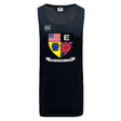 The Erie Rugby Club Tempo Vapodri Singlet by WRS Canterbury features the club crest with American, Pennsylvania, and British flags, a black "E" on the front, and is made with lightweight VapoDri fabric for cool comfort.