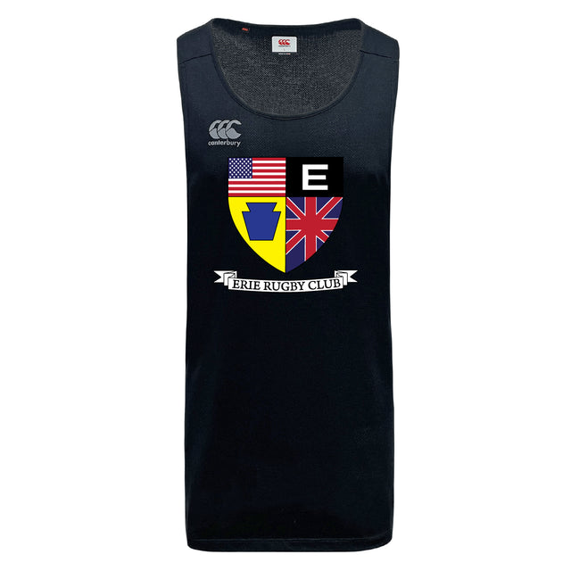The Erie Rugby Club Tempo Vapodri Singlet by WRS Canterbury features the club crest with American, Pennsylvania, and British flags, a black "E" on the front, and is made with lightweight VapoDri fabric for cool comfort.