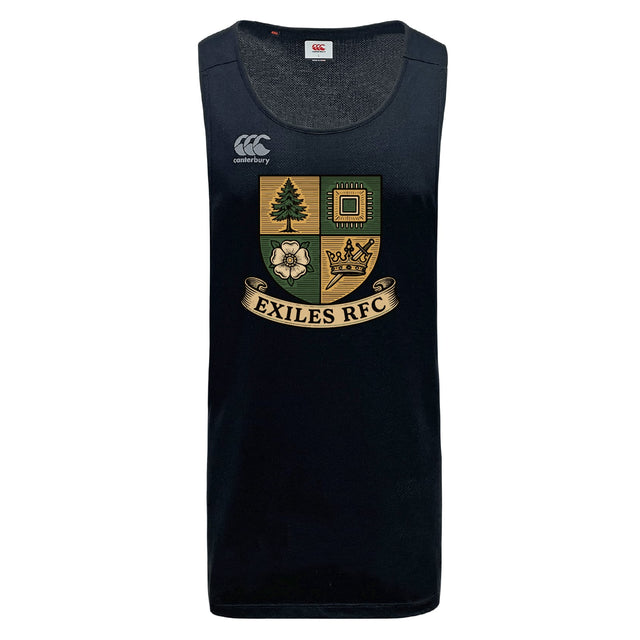 The Exiles Rugby Football Club Tempo Vapodri Singlet by WRS Canterbury is a black, quick-drying activewear top with the Exiles RFC crest and Canterbury logo, made from recycled polyester.