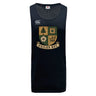 The Exiles Rugby Football Club Tempo Vapodri Singlet by WRS Canterbury is a black, quick-drying activewear top with the Exiles RFC crest and Canterbury logo, made from recycled polyester.