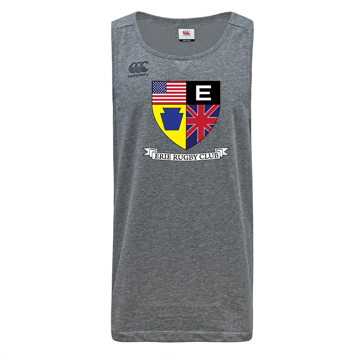 The Erie Rugby Club Tempo Vapodri Singlet by WRS Canterbury is a grey, sleeveless top with an "Erie Rugby Club" crest featuring multiple flags. Made from recycled polyester for comfort and durability.