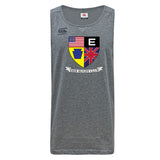 The Erie Rugby Club Tempo Vapodri Singlet by WRS Canterbury is a grey, sleeveless top with an "Erie Rugby Club" crest featuring multiple flags. Made from recycled polyester for comfort and durability.