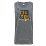 The Exiles Rugby Football Club Tempo Vapodri Singlet by WRS Canterbury is a gray, recycled polyester activewear top with a multicolored "EXILES RFC" crest and Canterbury logo, offering quick-drying comfort for intense workouts.