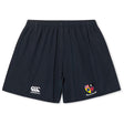 The Erie Rugby Club Yokohama Short by EMB Canterbury features navy blue lightweight, durable fabric, an elastic waistband, a white Canterbury logo on the left leg, and a multicolored crest on the right leg.