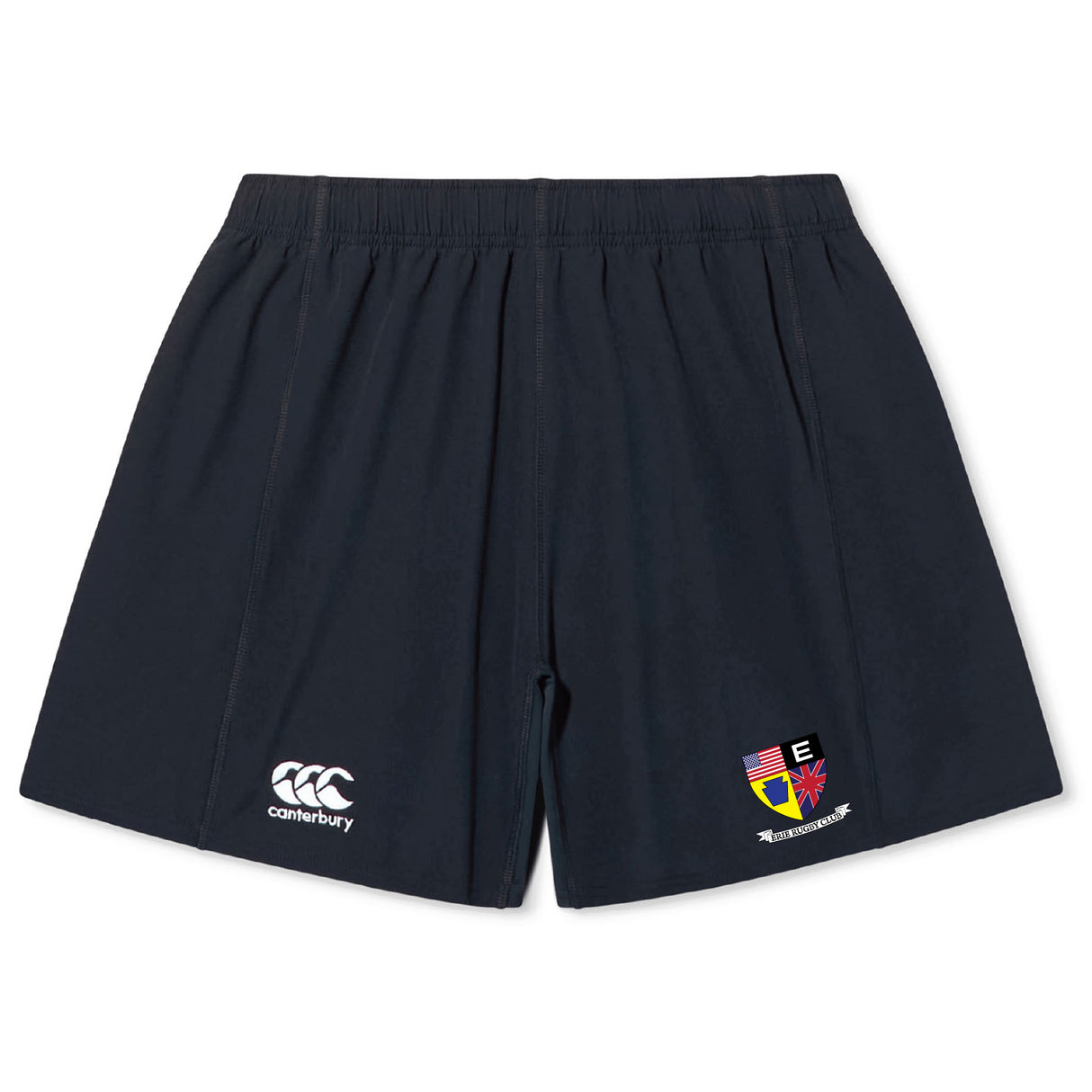 The Erie Rugby Club Yokohama Short by EMB Canterbury features navy blue lightweight, durable fabric, an elastic waistband, a white Canterbury logo on the left leg, and a multicolored crest on the right leg.