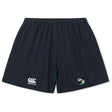 The Eagle High Mustangs Yokohama Short by EMB Canterbury is a navy blue rugby short with an elastic waistband, a white Canterbury logo on the left leg, and a green and black crest on the right, inspired by the classic Yokohama design.