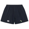 The Eagle High Mustangs Yokohama Short by EMB Canterbury is a navy blue rugby short with an elastic waistband, a white Canterbury logo on the left leg, and a green and black crest on the right, inspired by the classic Yokohama design.
