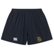 The Exiles Rugby Football Club Yokohama Short by EMB Canterbury features navy blue fabric, an elastic waistband, the Canterbury logo on the left leg, and an embroidered school crest on the right—ideal for training or match days.