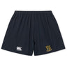The Exiles Rugby Football Club Yokohama Short by EMB Canterbury features navy blue fabric, an elastic waistband, the Canterbury logo on the left leg, and an embroidered school crest on the right—ideal for training or match days.