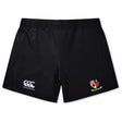 The Erie Rugby Club Women's Yokohama Short by EMB Canterbury features a logo on the left leg and a crest with shields and flags on the right, styled for women’s rugby, displayed against a white background.