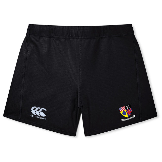 The Erie Rugby Club Women's Yokohama Short by EMB Canterbury features a logo on the left leg and a crest with shields and flags on the right, styled for women’s rugby, displayed against a white background.