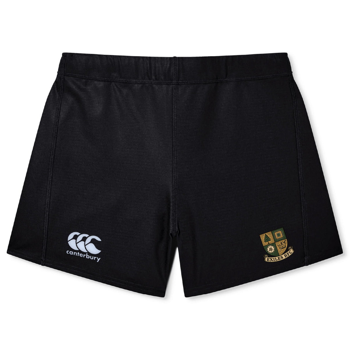The Exiles Rugby Football Club Women's Yokohama Short by EMB Canterbury is a pair of black rugby shorts with a white Canterbury logo on the left leg and a green and gold "ENFIELD" school crest on the right.