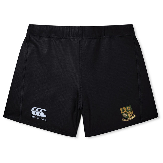 The Exiles Rugby Football Club Women's Yokohama Short by EMB Canterbury is a pair of black rugby shorts with a white Canterbury logo on the left leg and a green and gold "ENFIELD" school crest on the right.