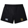 The Exiles Rugby Football Club Women's Yokohama Short by EMB Canterbury is a pair of black rugby shorts with a white Canterbury logo on the left leg and a green and gold "ENFIELD" school crest on the right.