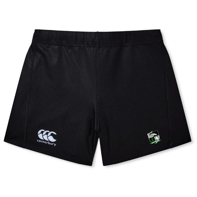 The Eagle High Mustangs Women's Yokohama Short by EMB Canterbury features an elastic waistband, Canterbury logo on the left leg, and a small green and white crest on the right leg, shown flat on a white background.