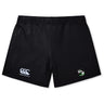 The Eagle High Mustangs Women's Yokohama Short by EMB Canterbury features an elastic waistband, Canterbury logo on the left leg, and a small green and white crest on the right leg, shown flat on a white background.