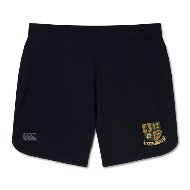 The Exiles Rugby Football Club Women's Elite Woven Short by EMB Canterbury features a small "EXILES RFC" crest on the right leg, a white Canterbury logo on the left, and zippered pockets—ideal women’s gym shorts.