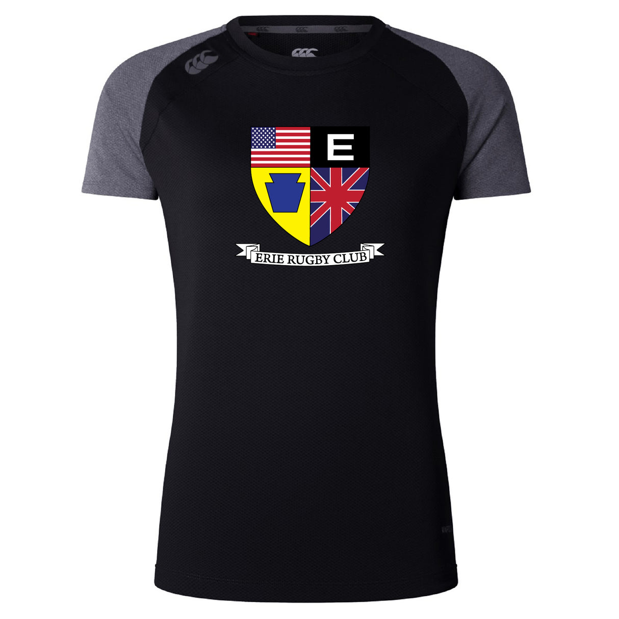 The Erie Rugby Club Women's Elite Training Tee by WRS Canterbury is a black and gray short-sleeve shirt with the club crest and US, UK, and PA flags—lightweight for breathable comfort during every workout.