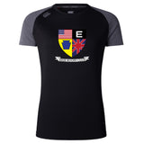 The Erie Rugby Club Women's Elite Training Tee by WRS Canterbury is a black and gray short-sleeve shirt with the club crest and US, UK, and PA flags—lightweight for breathable comfort during every workout.