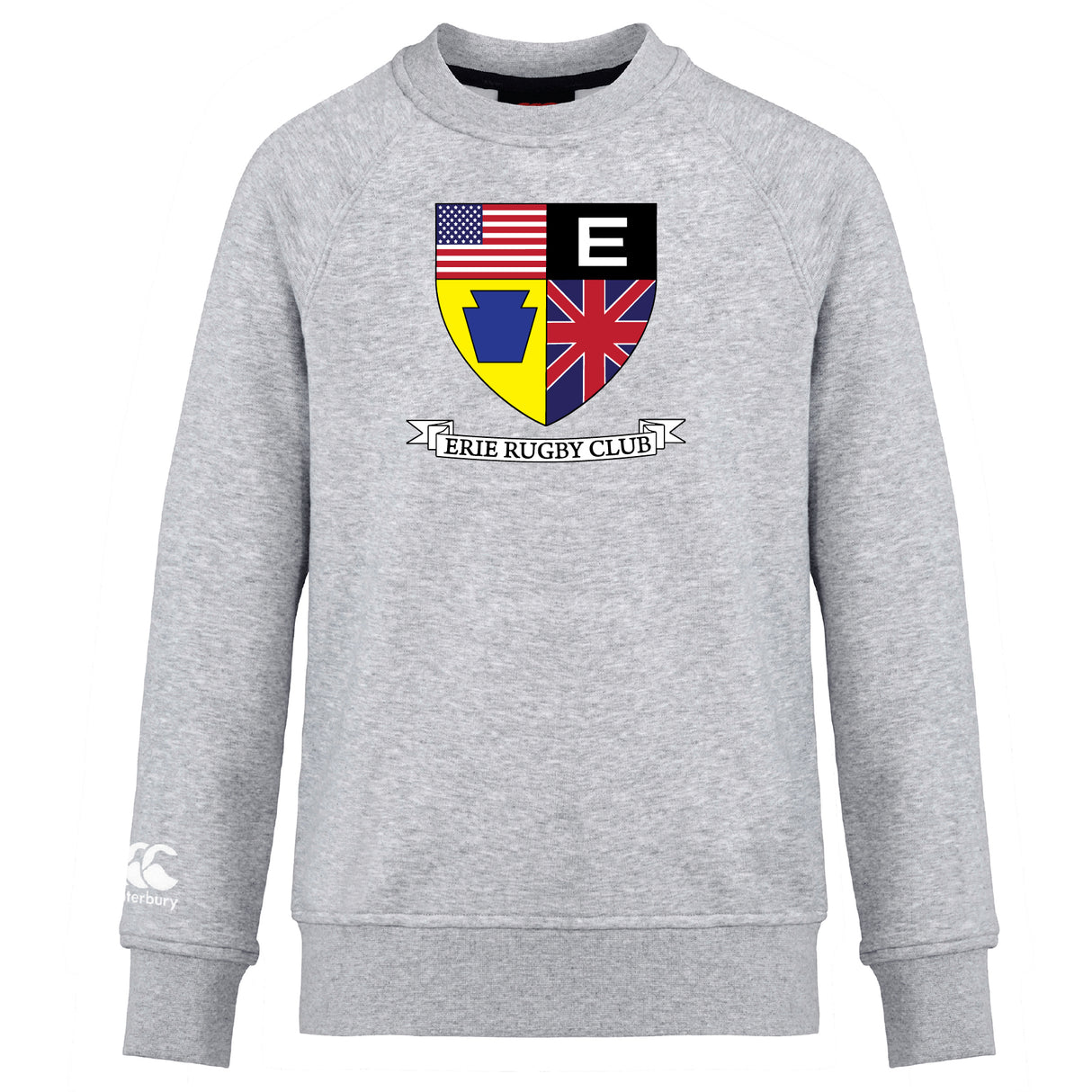 The Erie Rugby Club Club Crew Sweatshirt by WRS Canterbury is a gray ultra-soft sweatshirt with a crest showing American, British, and blue-and-yellow symbols above “Erie Rugby Club.”.