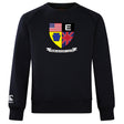 The Erie Rugby Club Club Crew Sweatshirt by WRS Canterbury is a black ultra-soft top with a crest featuring American, British, and Pennsylvania symbols, "Erie Rugby Club" text below, and an embroidered CCC logo on the left sleeve.