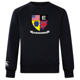 The Erie Rugby Club Club Crew Sweatshirt by WRS Canterbury is a black ultra-soft top with a crest featuring American, British, and Pennsylvania symbols, "Erie Rugby Club" text below, and an embroidered CCC logo on the left sleeve.