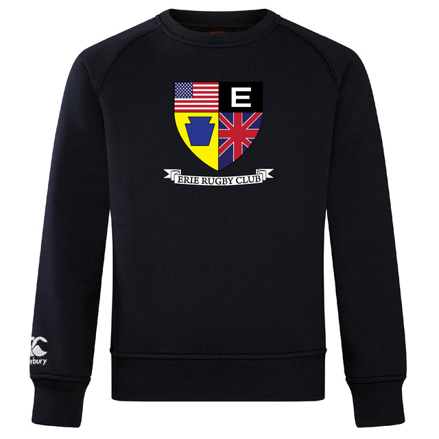 The Erie Rugby Club Club Crew Sweatshirt by WRS Canterbury is a black ultra-soft top with a crest featuring American, British, and Pennsylvania symbols, "Erie Rugby Club" text below, and an embroidered CCC logo on the left sleeve.