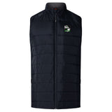 The Eagle High Mustangs Elite Microlite Gilet by EMB Canterbury is a black, sleeveless vest with Thermoreg fleece, a full front zipper, and a small green and white embroidered logo on the upper left chest.