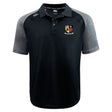 The Erie Rugby Club Elite Polo by EMB Canterbury features black and gray Vapodri fabric, a buttoned collar, a multi-colored crest logo on the left chest, and a small logo on the right shoulder.