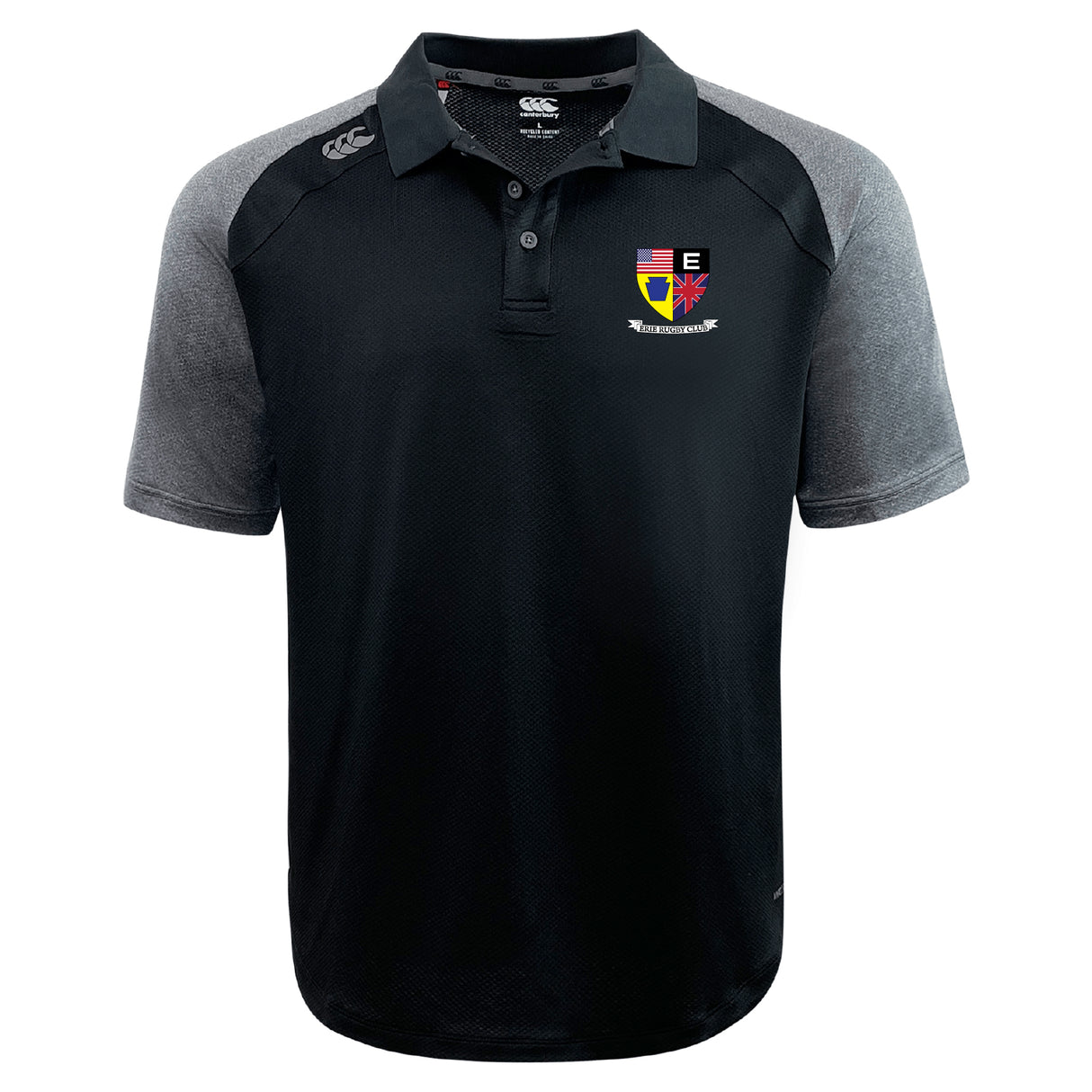 The Erie Rugby Club Elite Polo by EMB Canterbury features black and gray Vapodri fabric, a buttoned collar, a multi-colored crest logo on the left chest, and a small logo on the right shoulder.
