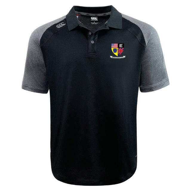 The Erie Rugby Club Elite Polo by EMB Canterbury features black and gray Vapodri fabric, a buttoned collar, a multi-colored crest logo on the left chest, and a small logo on the right shoulder.