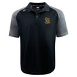 The EMB Canterbury Exiles Rugby Football Club Elite Polo features a black and gray design, short sleeves, collar, button placket, and left chest crest logo. Made from lightweight Vapodri fabric for comfort and performance.