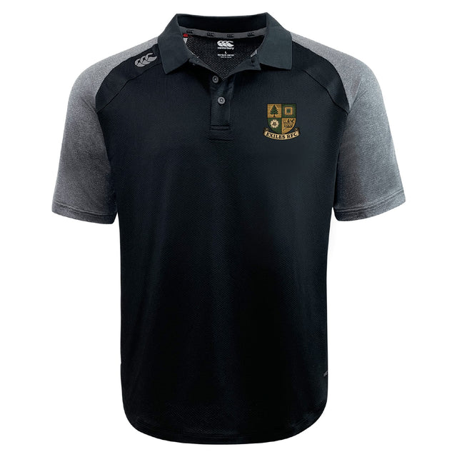 The EMB Canterbury Exiles Rugby Football Club Elite Polo features a black and gray design, short sleeves, collar, button placket, and left chest crest logo. Made from lightweight Vapodri fabric for comfort and performance.