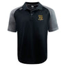 The EMB Canterbury Exiles Rugby Football Club Elite Polo features a black and gray design, short sleeves, collar, button placket, and left chest crest logo. Made from lightweight Vapodri fabric for comfort and performance.