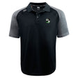 The EMB Canterbury Eagle High Mustangs Elite Polo features a black body, gray sleeves, three-button collar, Vapodri comfort fabric, a green and white chest crest, and the Canterbury logo on the shoulder.