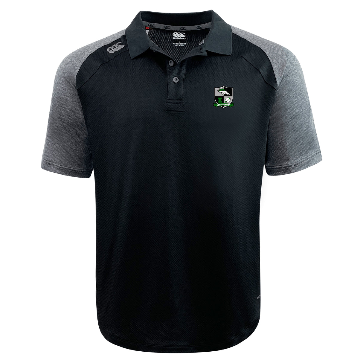 The EMB Canterbury Eagle High Mustangs Elite Polo features a black body, gray sleeves, three-button collar, Vapodri comfort fabric, a green and white chest crest, and the Canterbury logo on the shoulder.