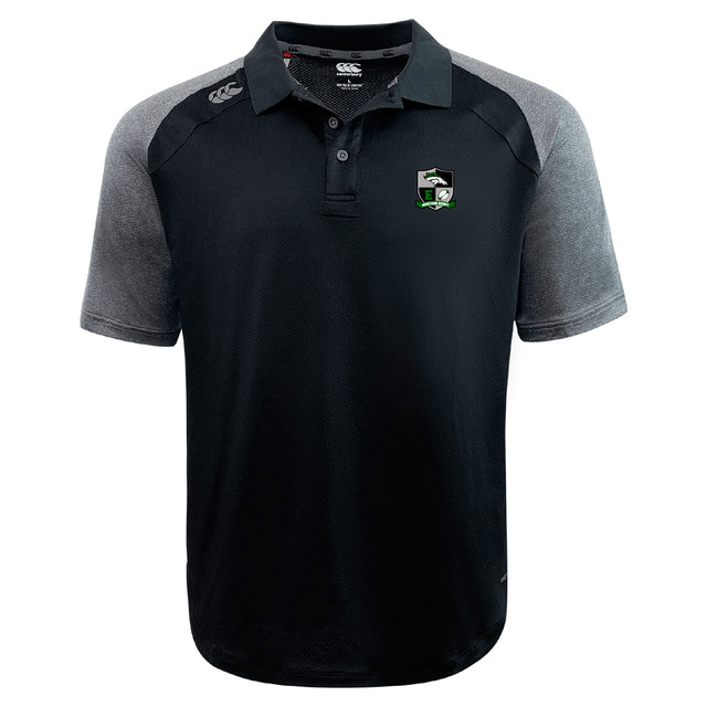 The EMB Canterbury Eagle High Mustangs Elite Polo features a black body, gray sleeves, three-button collar, Vapodri comfort fabric, a green and white chest crest, and the Canterbury logo on the shoulder.