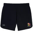 The Erie Rugby Club Elite Woven Short by EMB Canterbury features a small crest on the lower right leg, a light gray CCC logo on the lower left, and secure zippered pockets—perfect for training sessions.