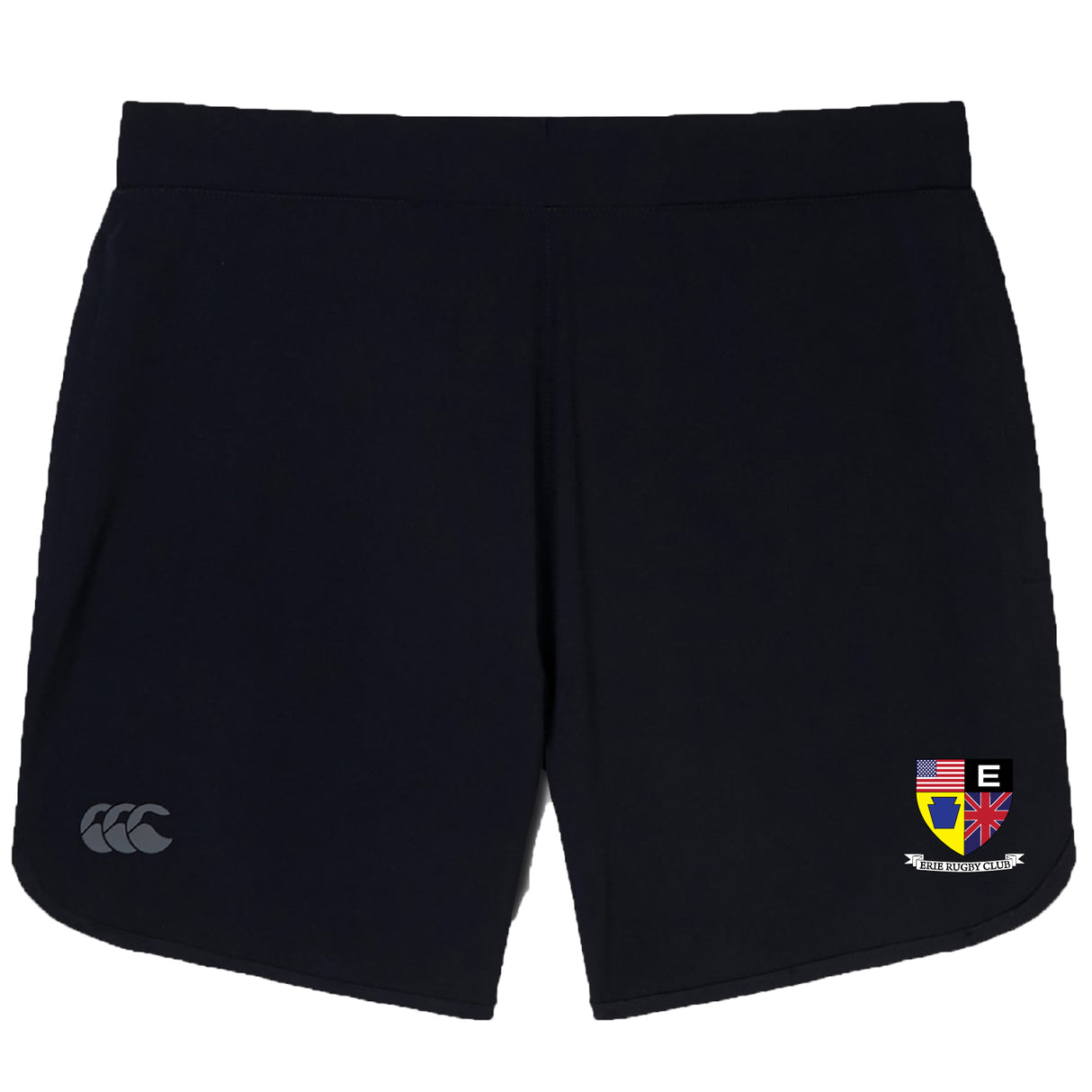 The Erie Rugby Club Elite Woven Short by EMB Canterbury features a small crest on the lower right leg, a light gray CCC logo on the lower left, and secure zippered pockets—perfect for training sessions.