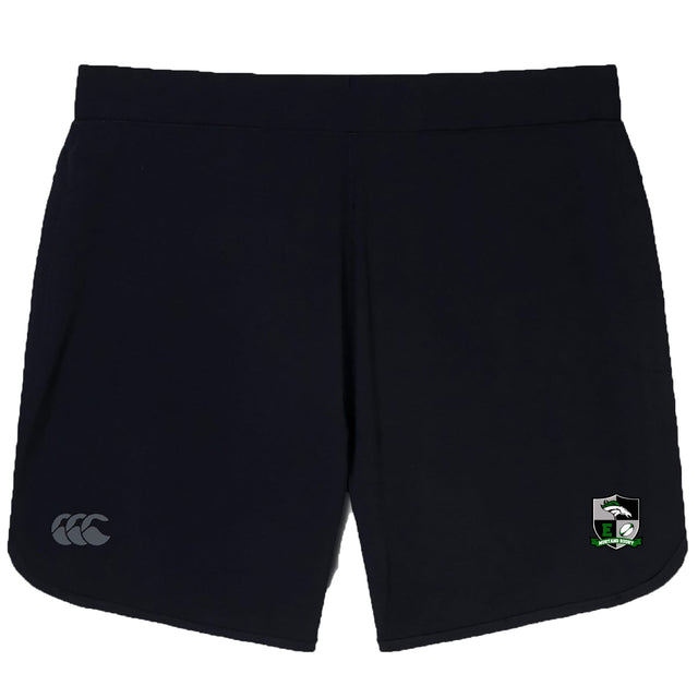 The Eagle High Mustangs Elite Woven Short by EMB Canterbury features a small logo on the left leg, a bold bird emblem on the right, and convenient zippered pockets to securely store your essentials during training.