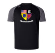The Erie Rugby Club Elite Training Tee by WRS Canterbury is a black and gray short-sleeve rugby shirt with US, UK, and Pennsylvania flag crest, "E" logo, "Erie Rugby Club" banner, and crafted from performance Vapodri fabric.